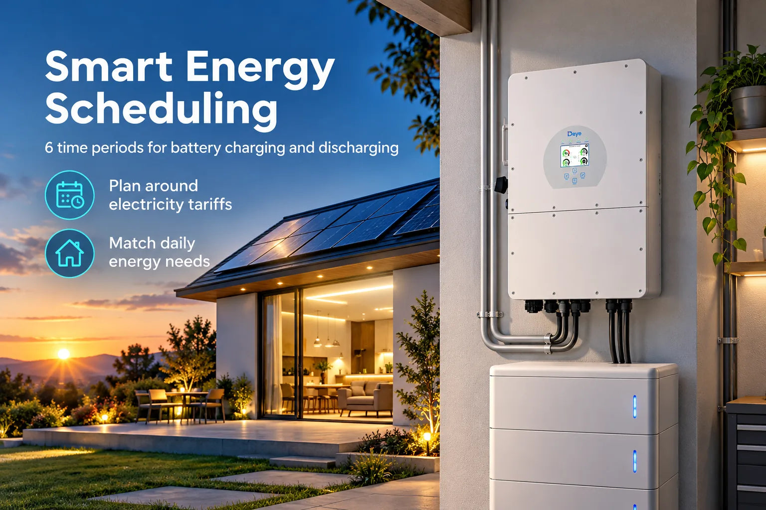 Six programmable charge and discharge windows for tariff-aware days.