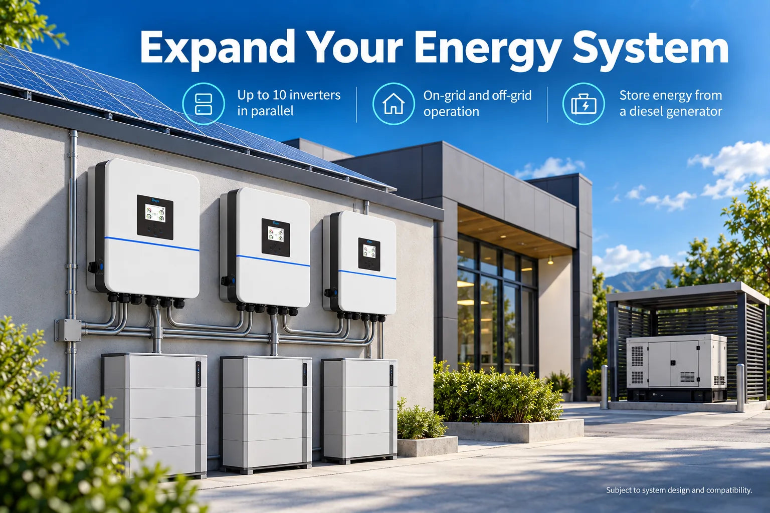 Expand to ten units in parallel, and store energy from a generator.