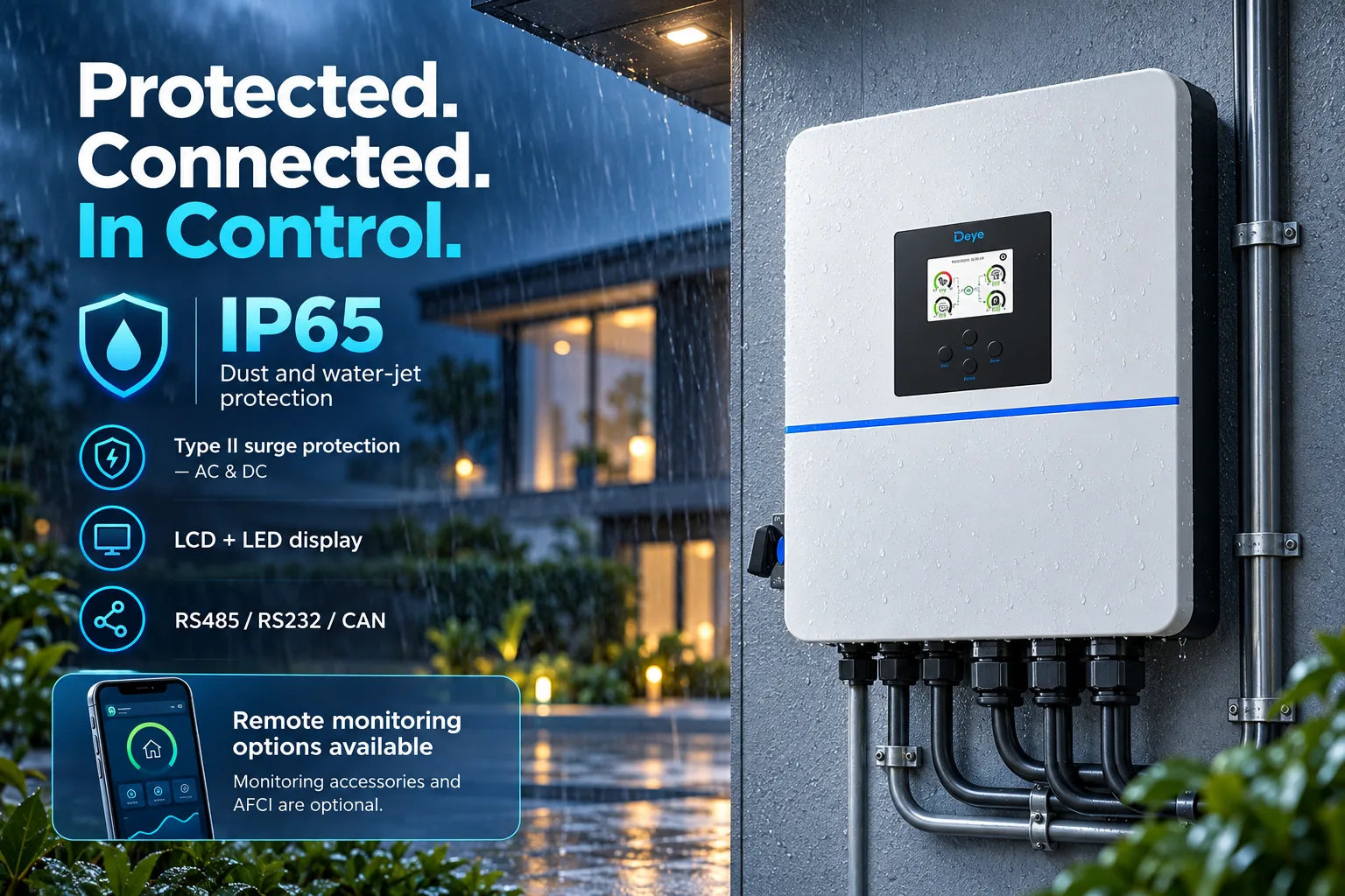 Outdoor-ready protection with clear local status and open monitoring protocols.