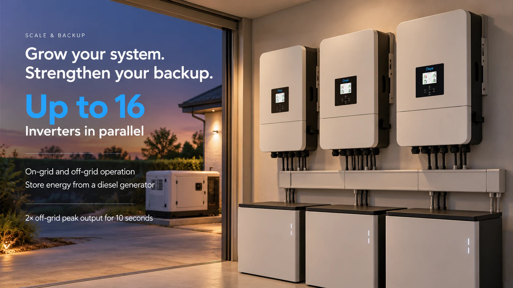 Expand to sixteen units in parallel, and store energy from a generator.