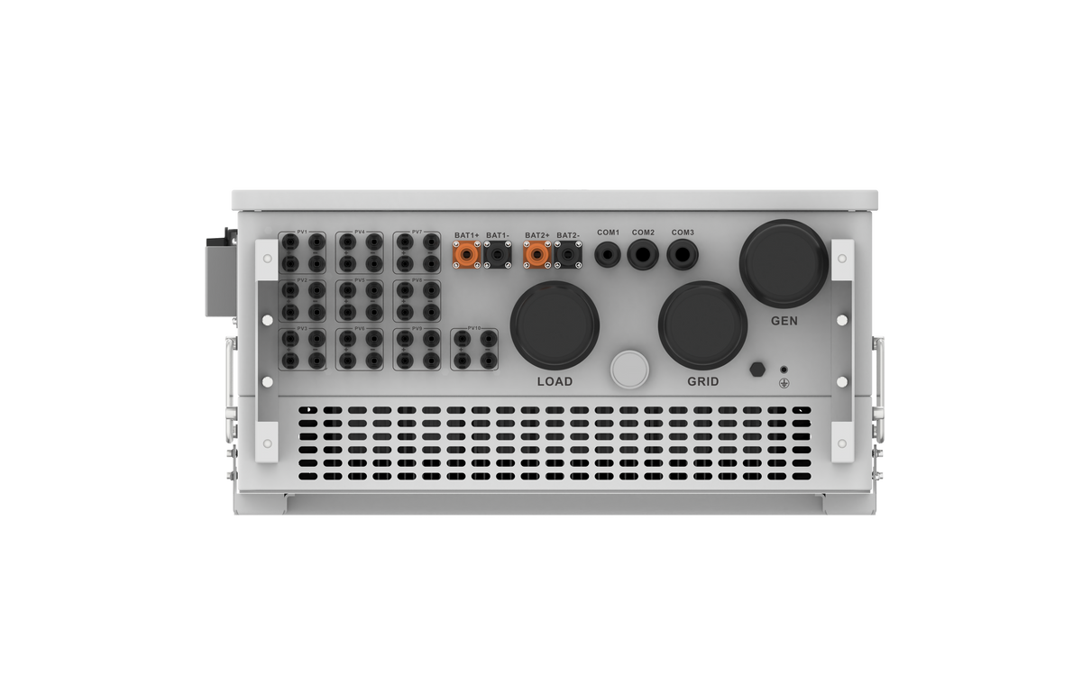 Bottom ports PV1–PV10, BAT1/BAT2, LOAD, GEN, GRID, COM