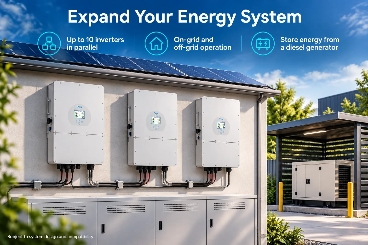 Expand to ten units in parallel, and store energy from a generator.