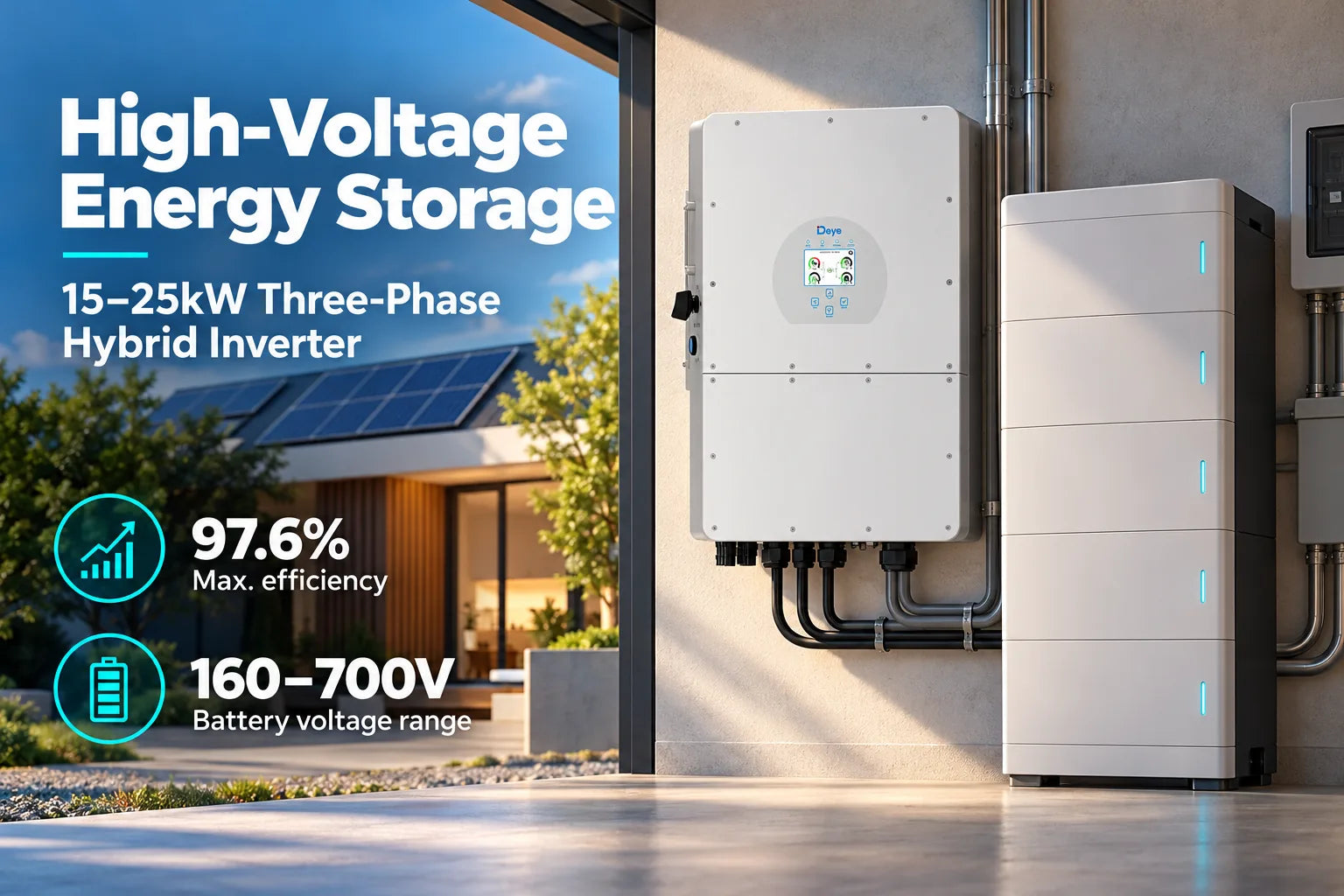 High-voltage battery architecture for mid-size three-phase solar and storage.