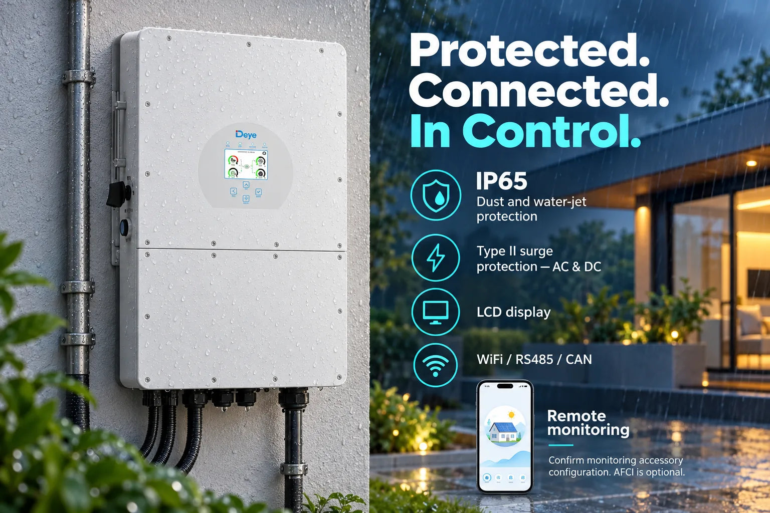 Outdoor-ready protection with clear local status and open monitoring protocols.