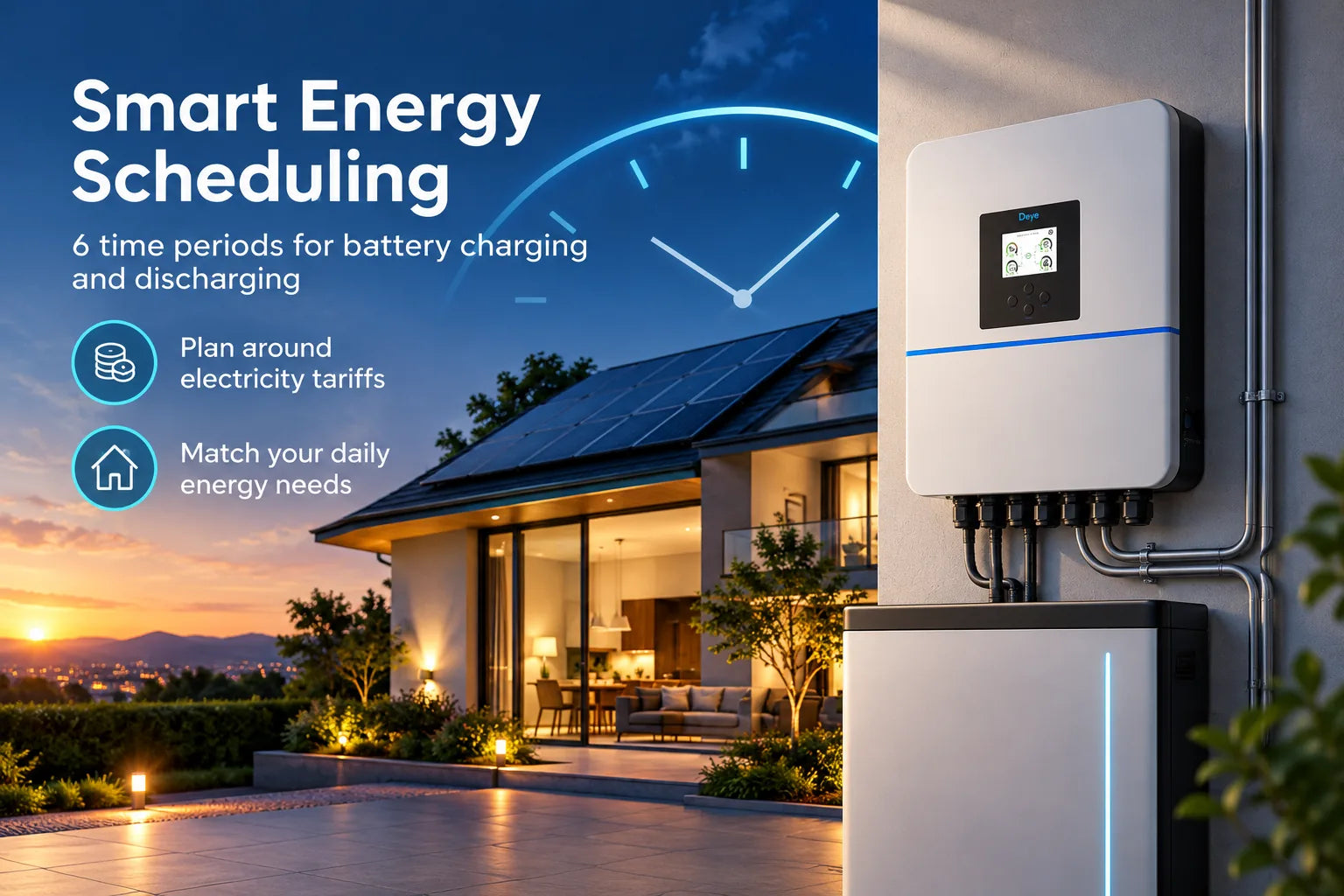 Six programmable charge and discharge windows for tariff-aware days.