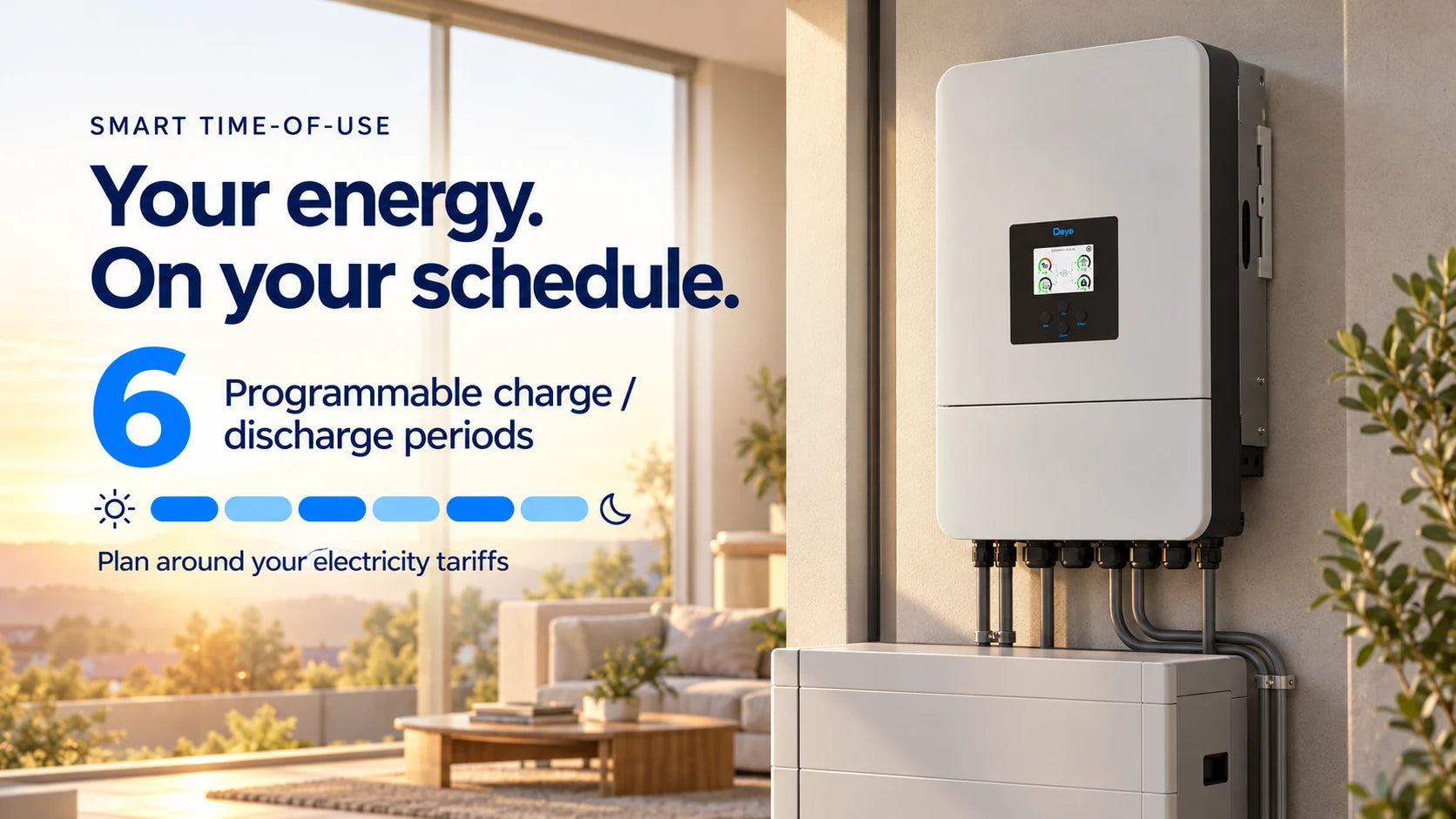 Six programmable charge and discharge windows for tariff-aware days.